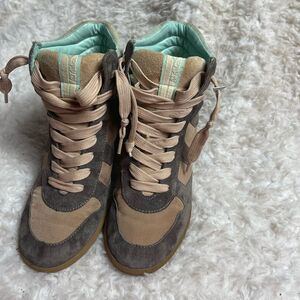 Sam Edelman leather suede gray & mint green &fabric tan lace up wedge bo…